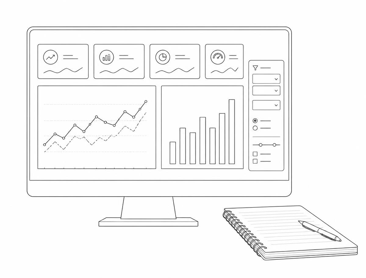 Monochrome illustration representing Dashboards